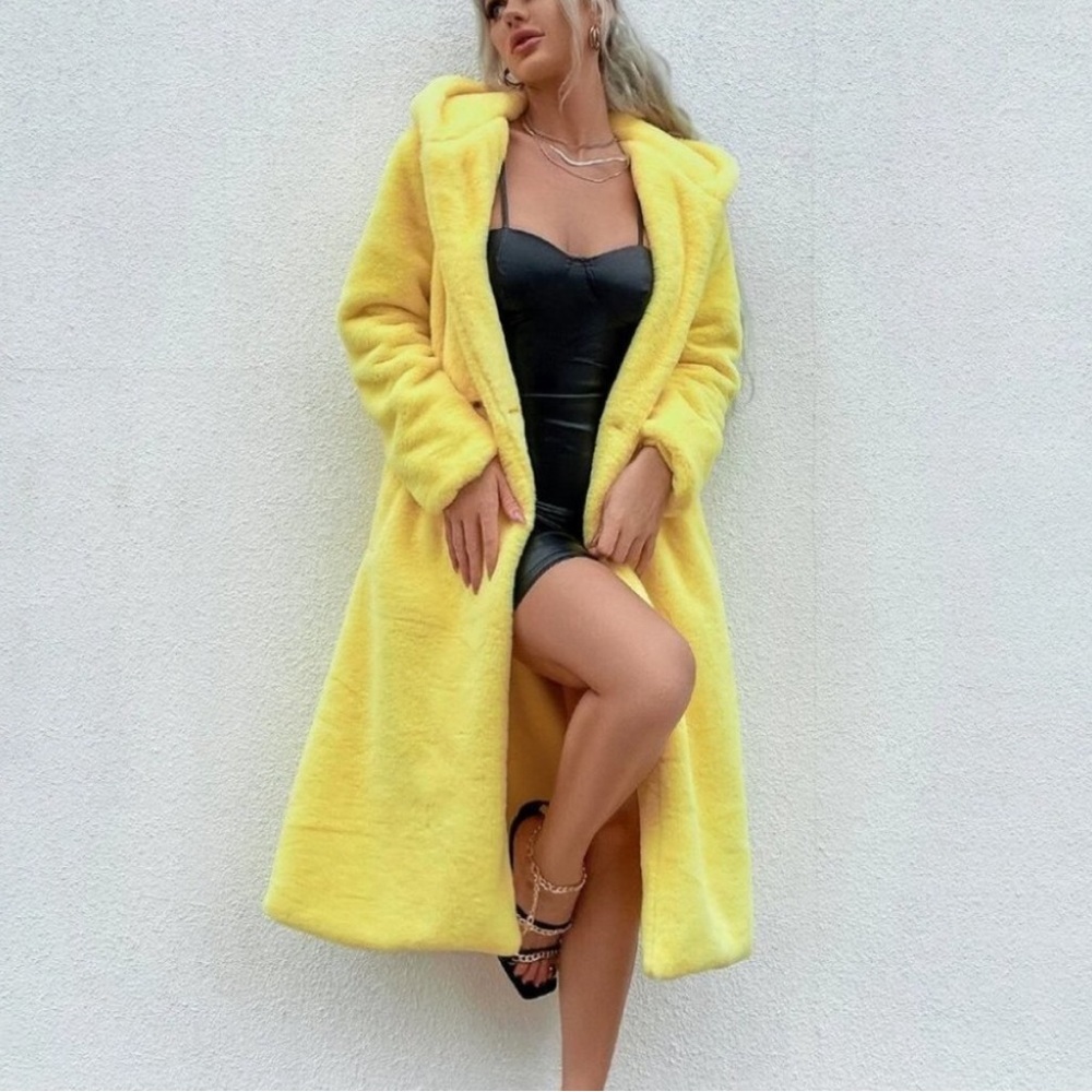 Yellow Long Faux fur teddy hoodie Jacket Coat